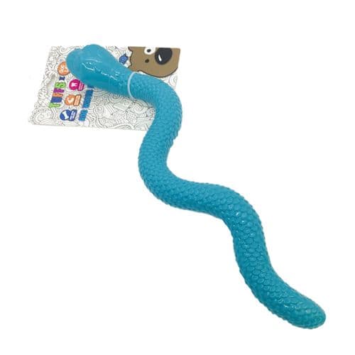 Blue snake-shaped dog toy with a tag on a white background