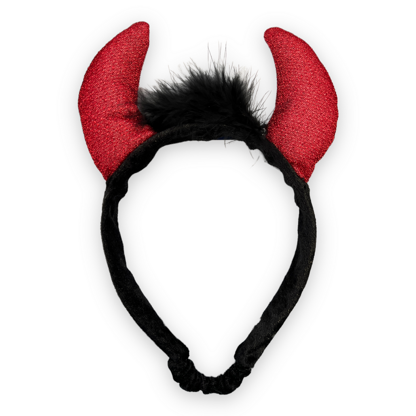 Black headband with red devil horns and black fur on a white background costume for dogs