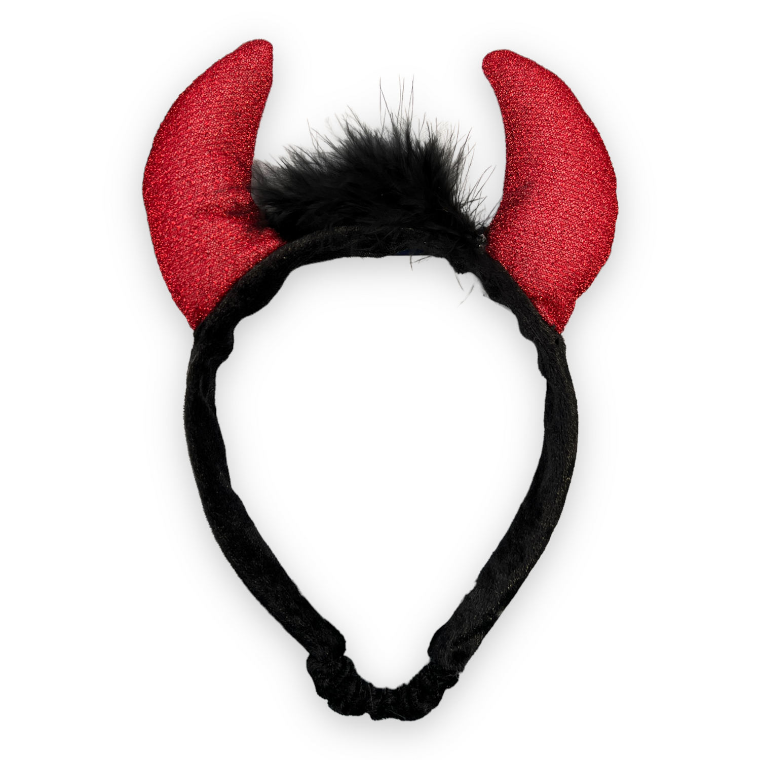 Black headband with red devil horns and black fur on a white background costume for dogs