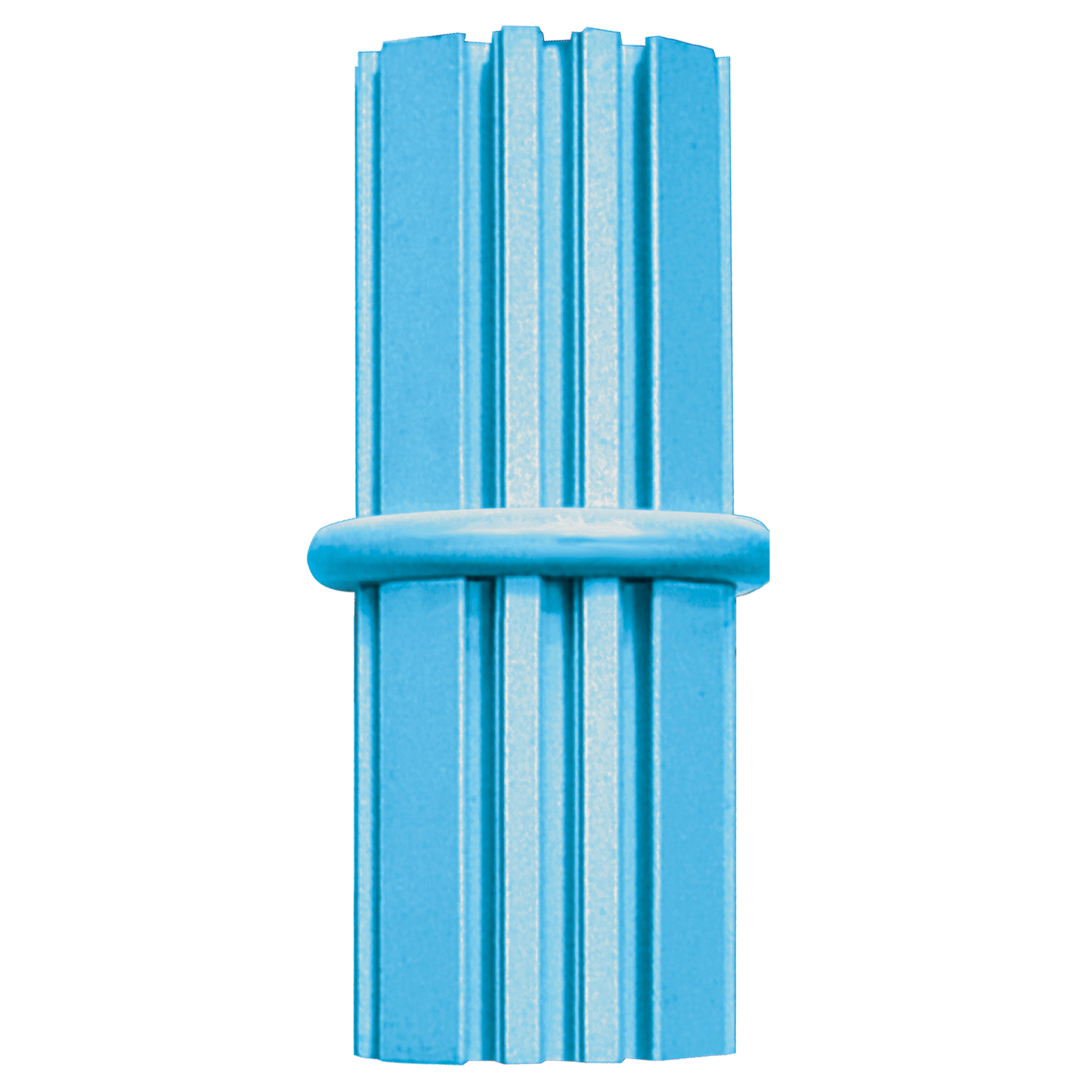 Blue rubber puppy toy with ridges on a white background