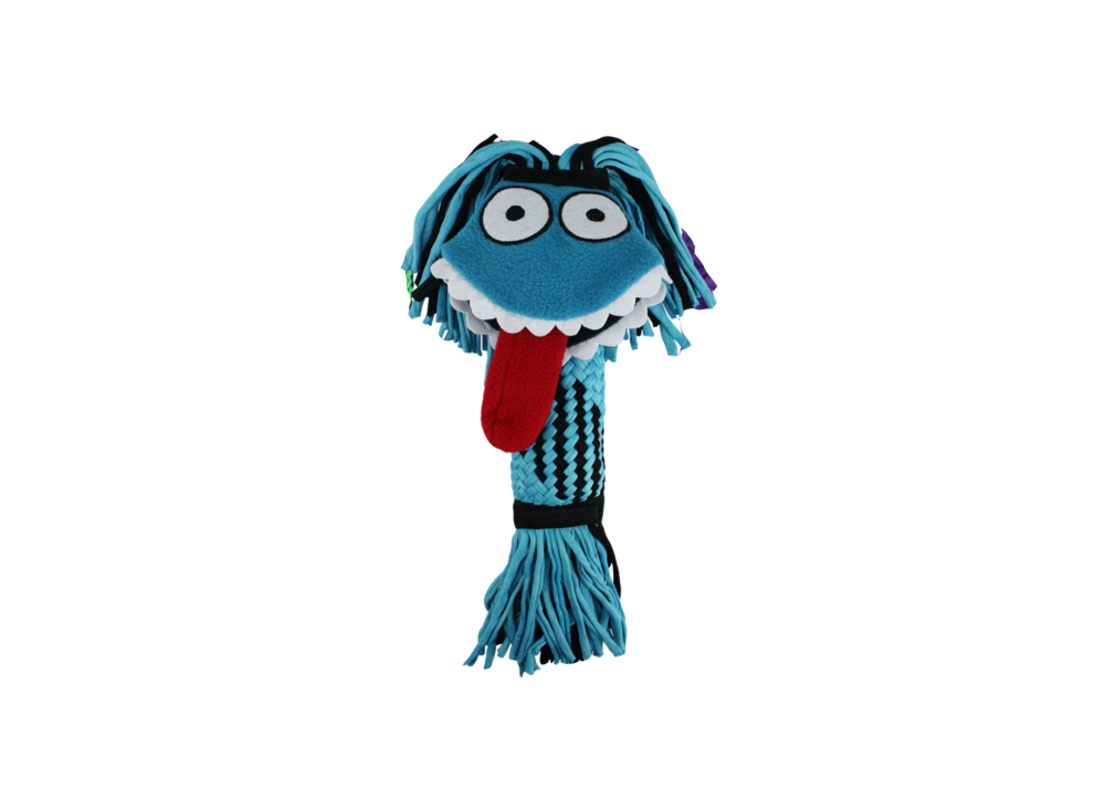 Blue plush dog toy with a face and red tongue on a white background