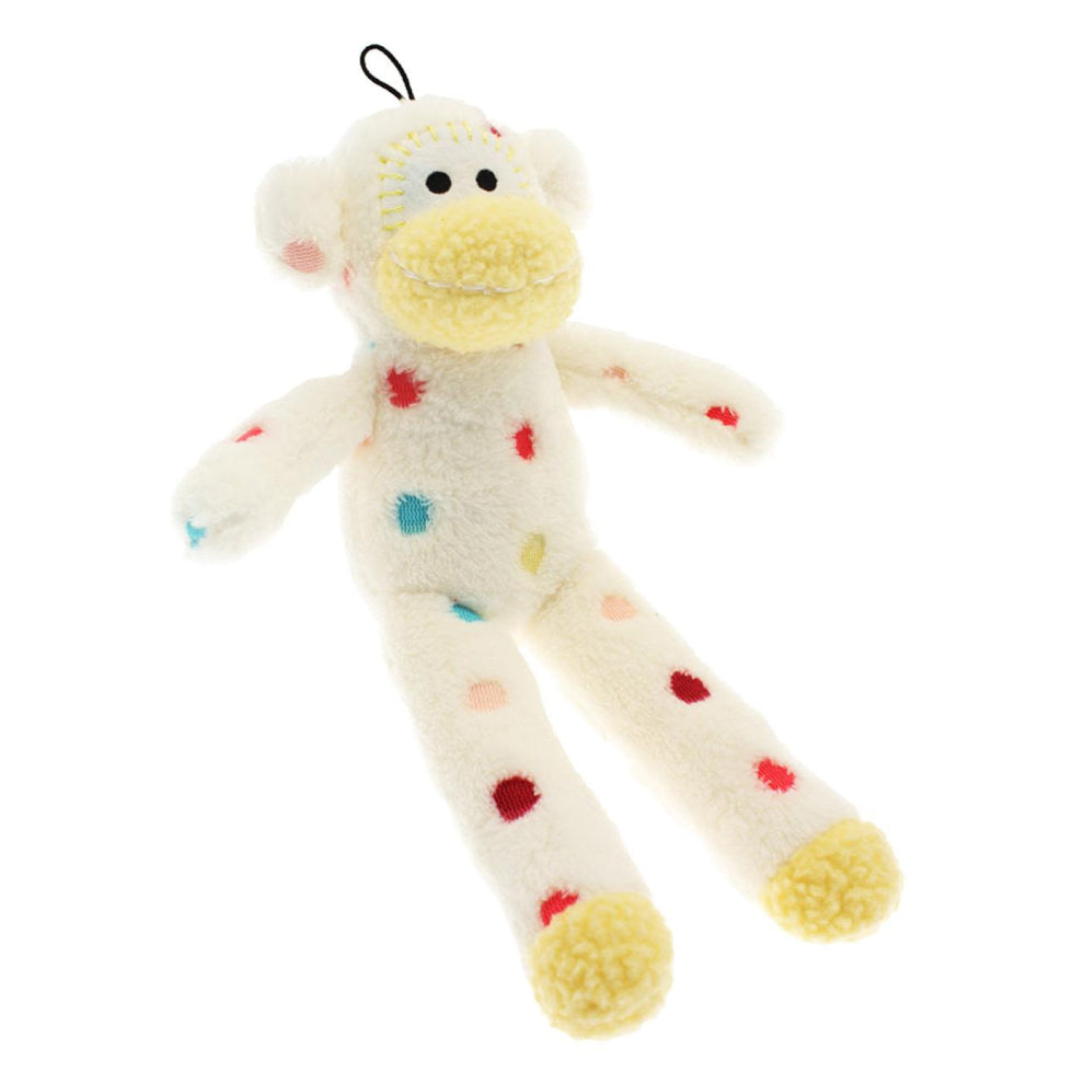 Plush monkey toy with colorful spots on a white background