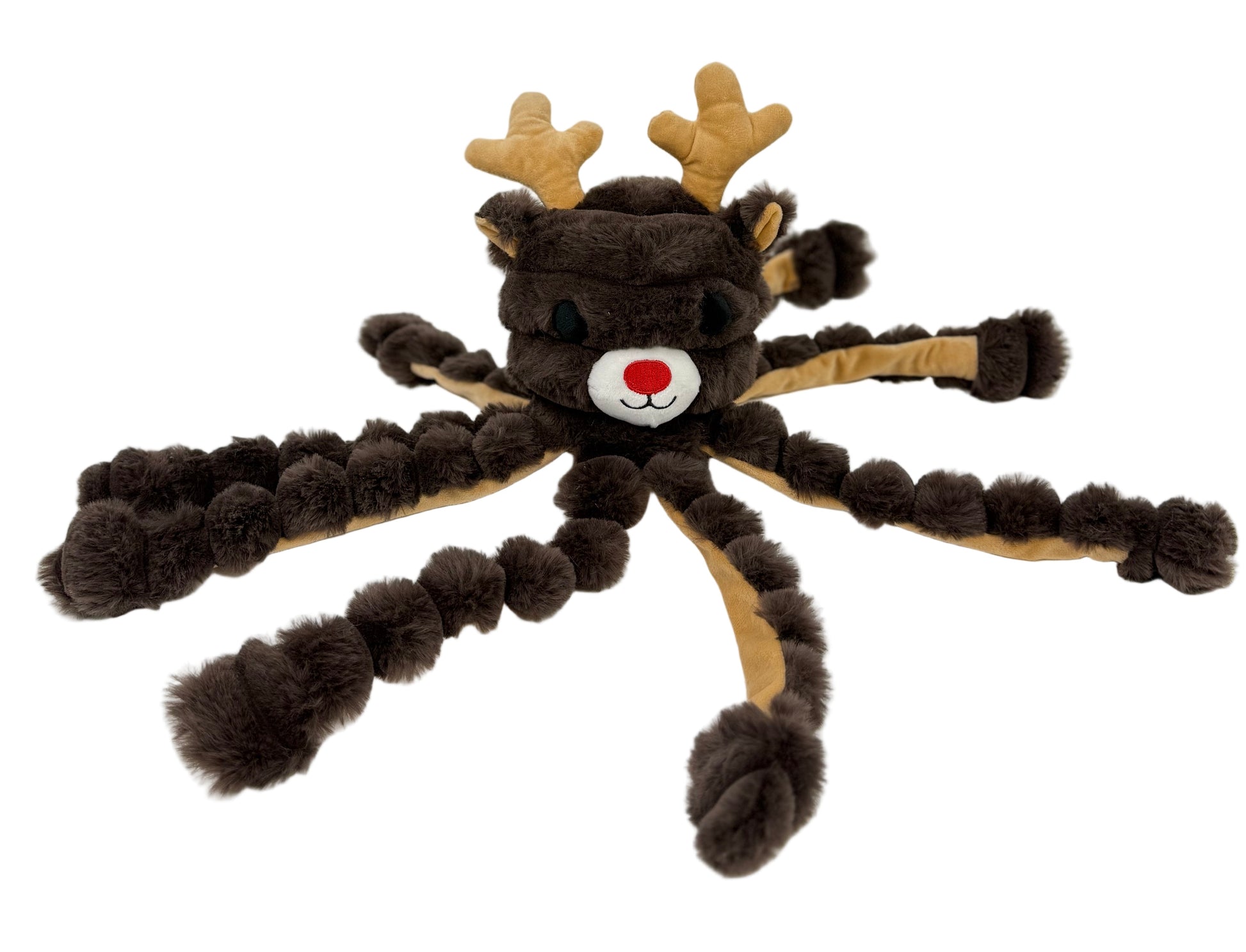 Plush dog toy resembling a spider with deer antlers and face on a white background