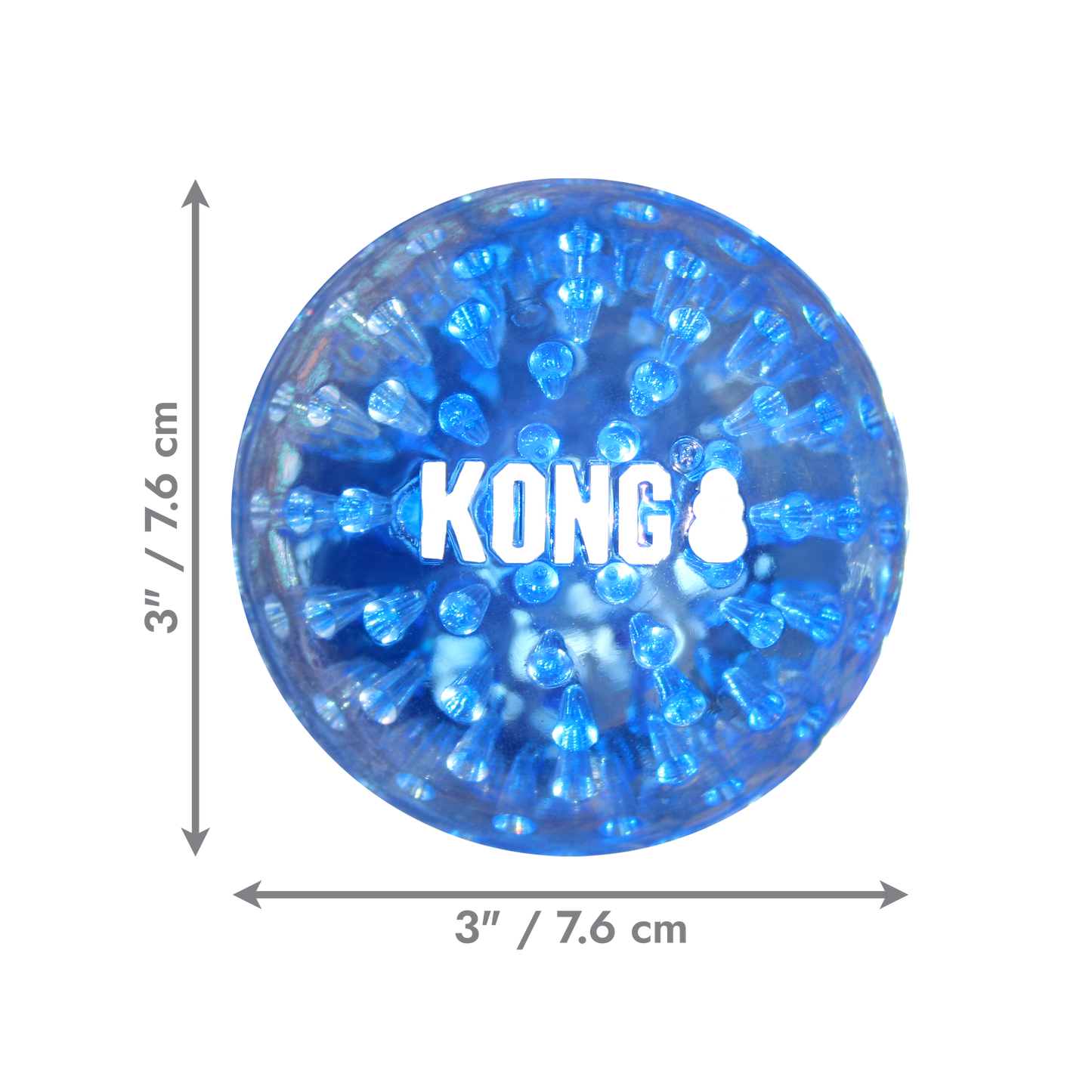 Blue KONG dog toy with dimensions on a white background