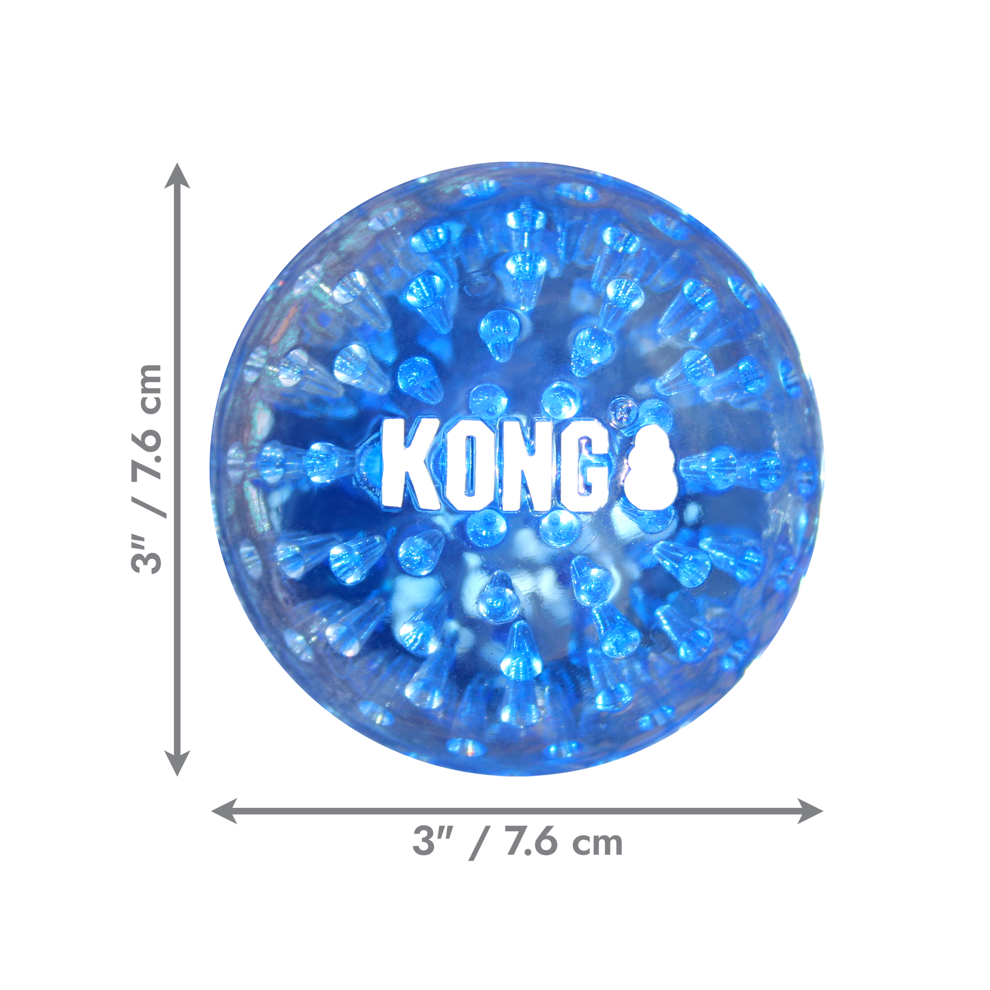 Blue KONG dog toy with dimensions on a white background
