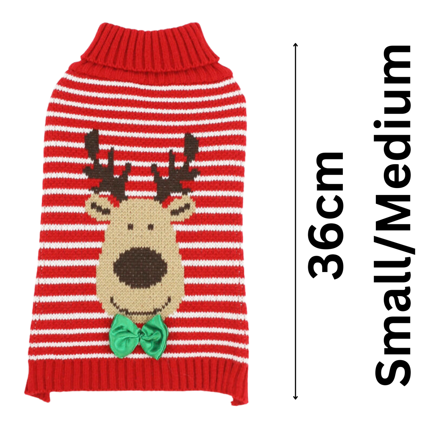 Red and white striped dog sweater with reindeer design and measurements on a white background