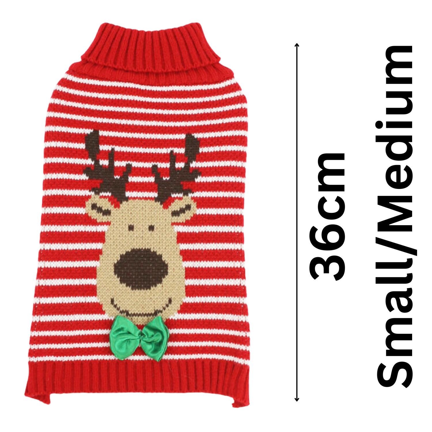 Red and white striped dog sweater with reindeer design and measurements on a white background