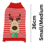 Red and white striped dog sweater with reindeer design and measurements on a white background