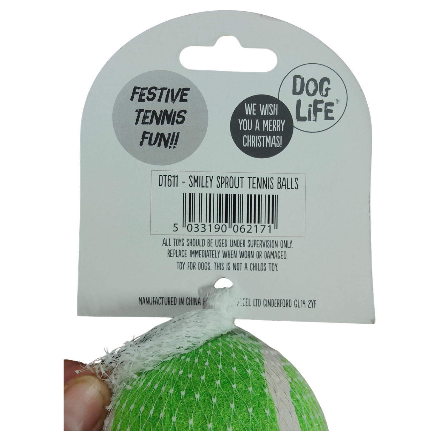 Green tennis ball with 'Dog Life' packaging on a white background