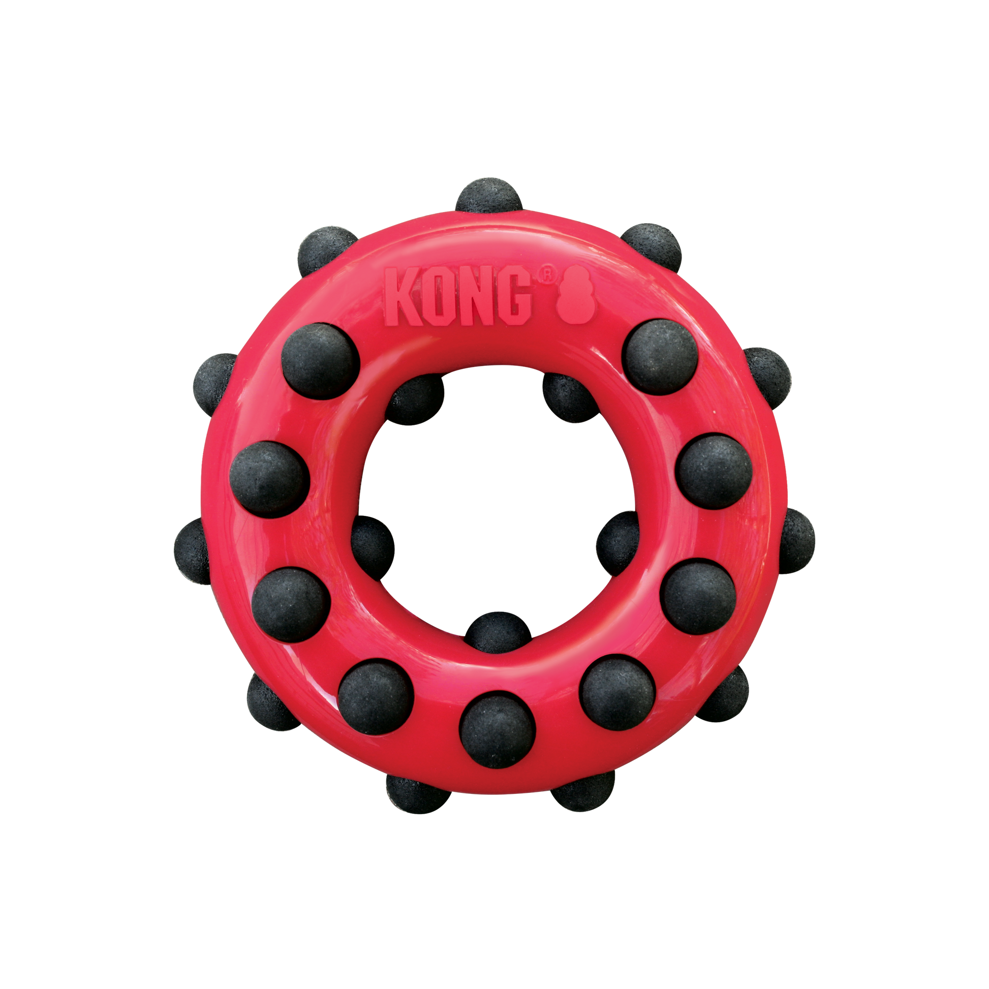 Red dog toy with black dots and 'KONG' branding on a white background