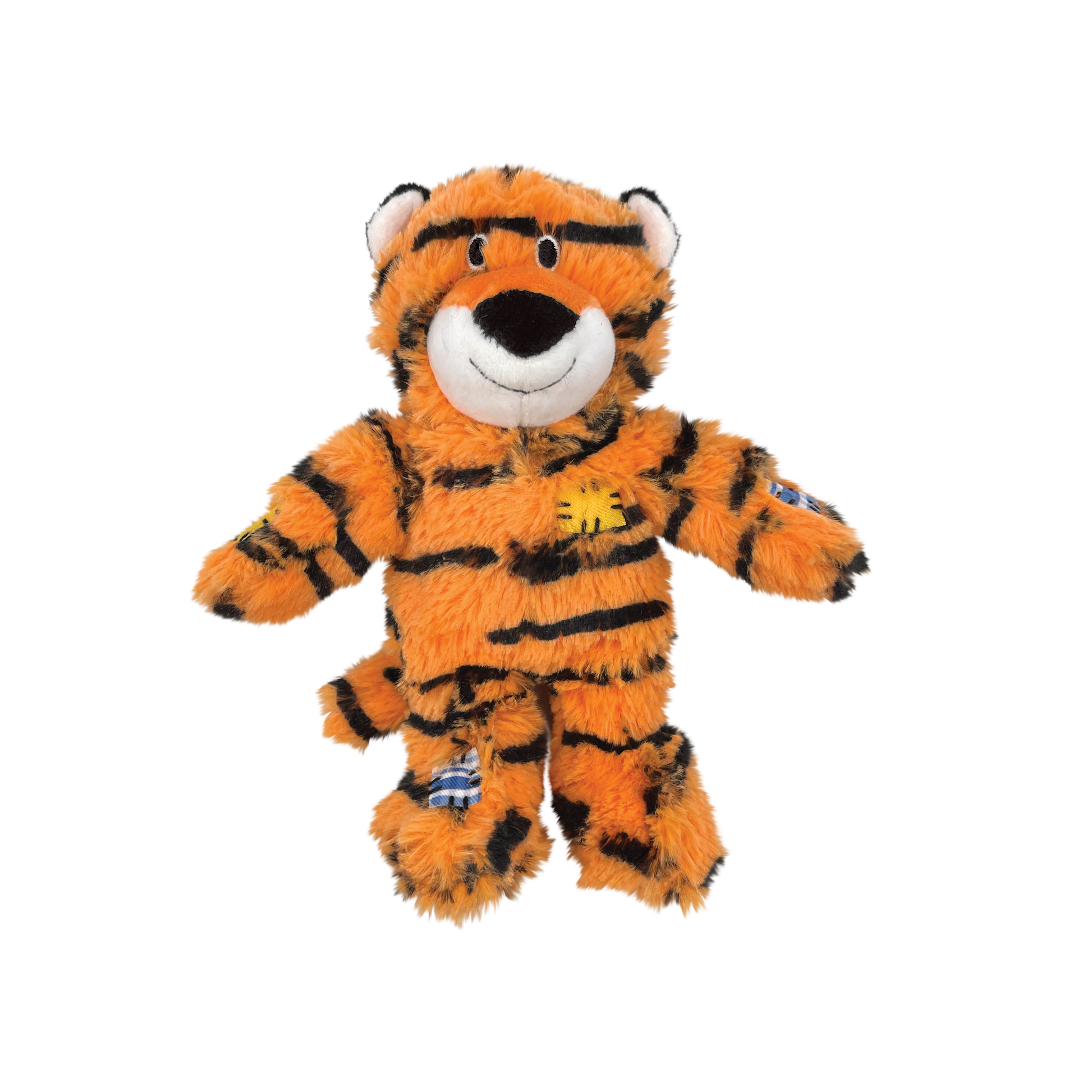 Plush tiger dog toy on a white background