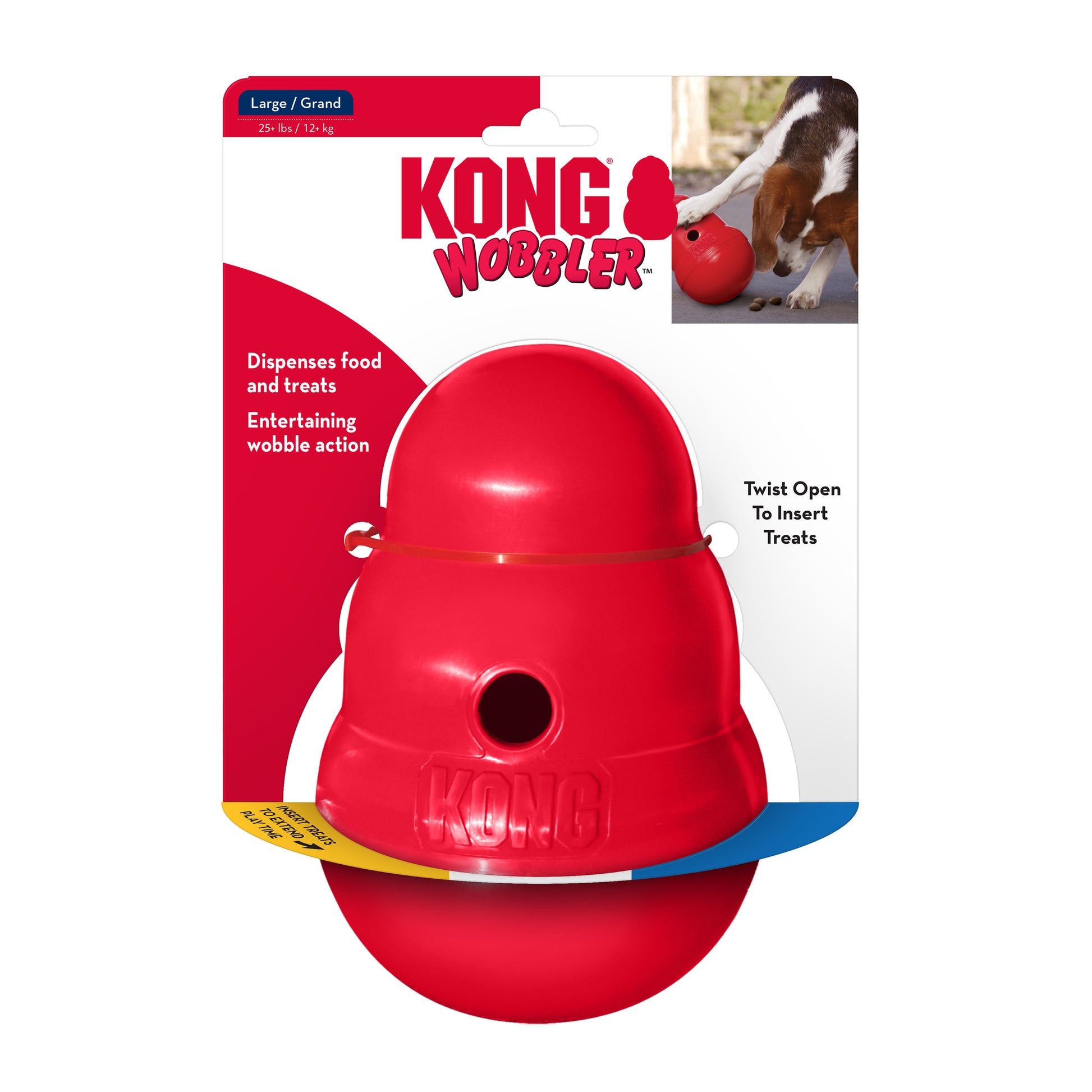 Red KONG Wobbler toy with packaging on a white background