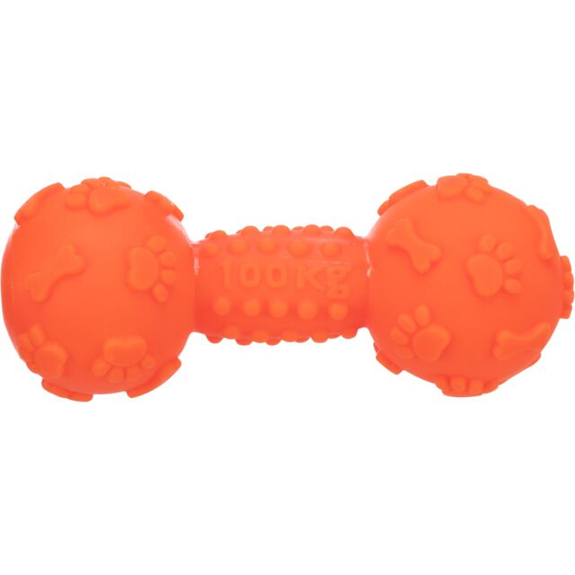 Orange dog toy shaped like a dumbbell on a white background
