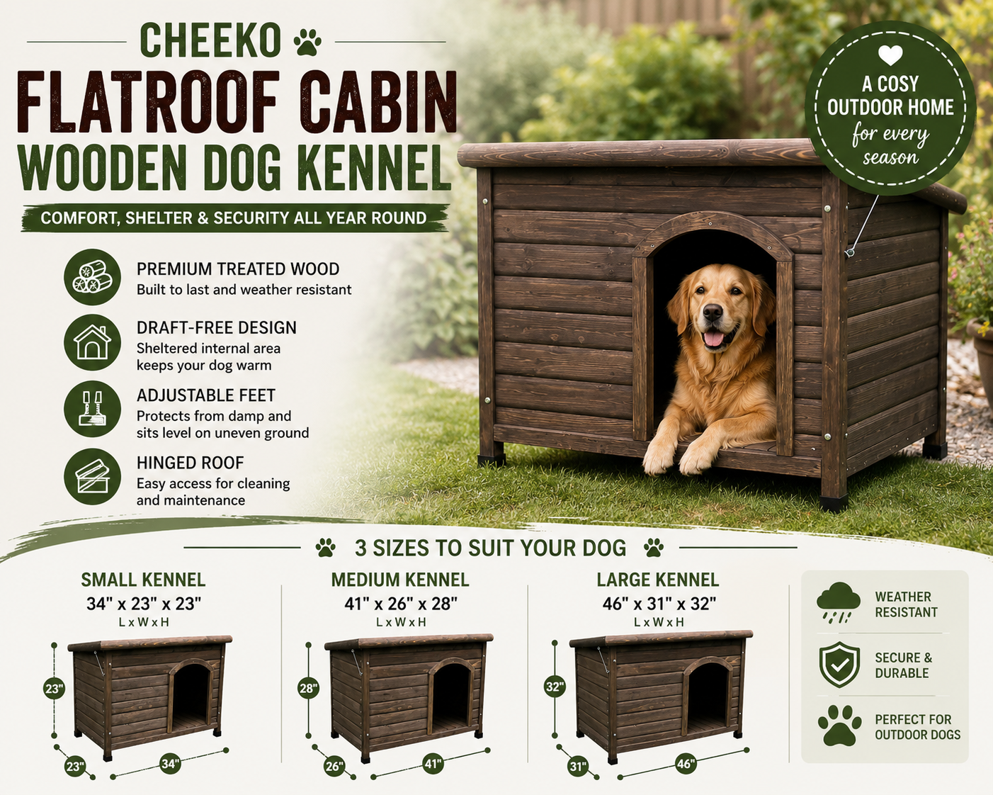 Cheeko Flatroof Wooden Dog Kennel | Cabin Style Outdoor Pet House