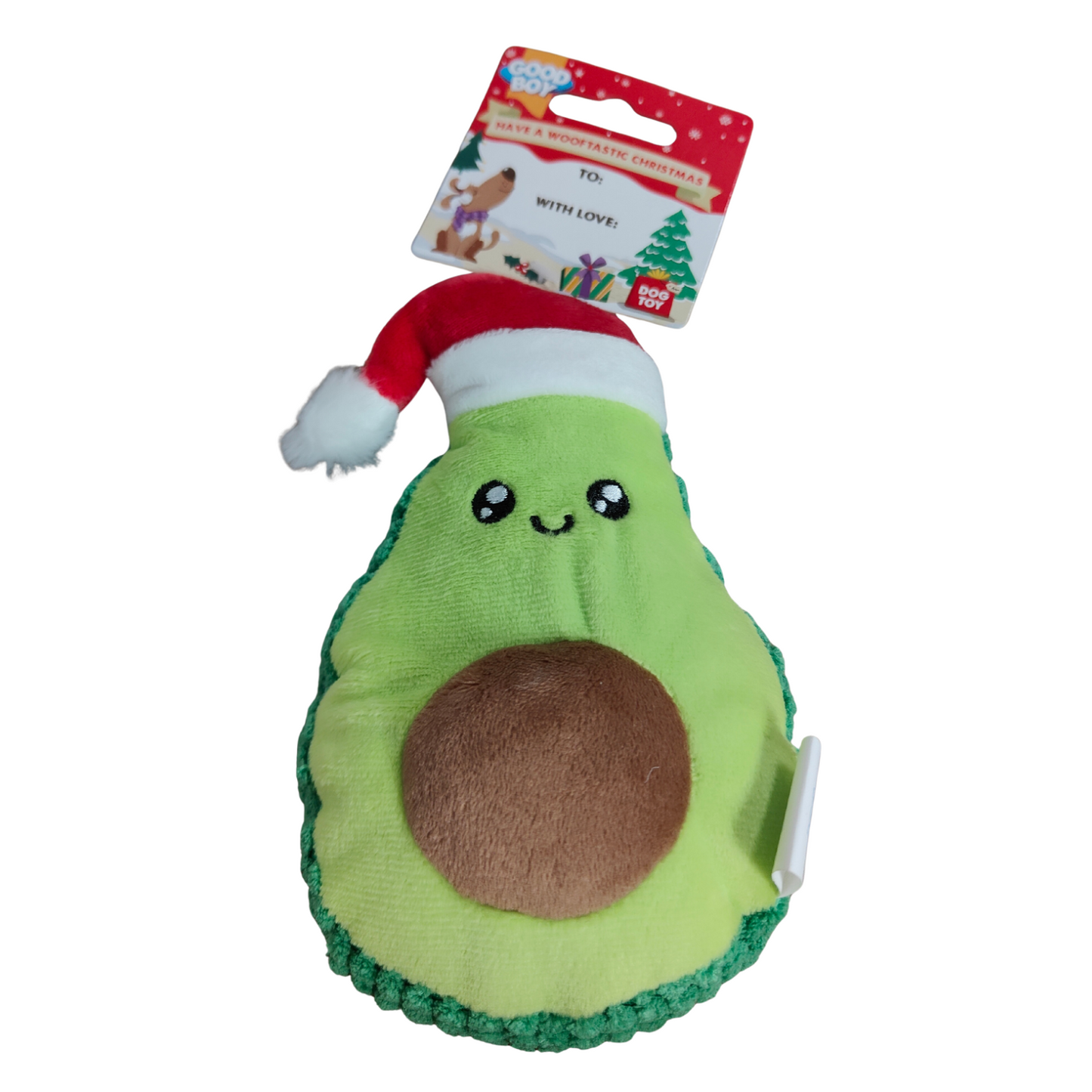 Plush avocado dog toy with a Santa hat on a white background