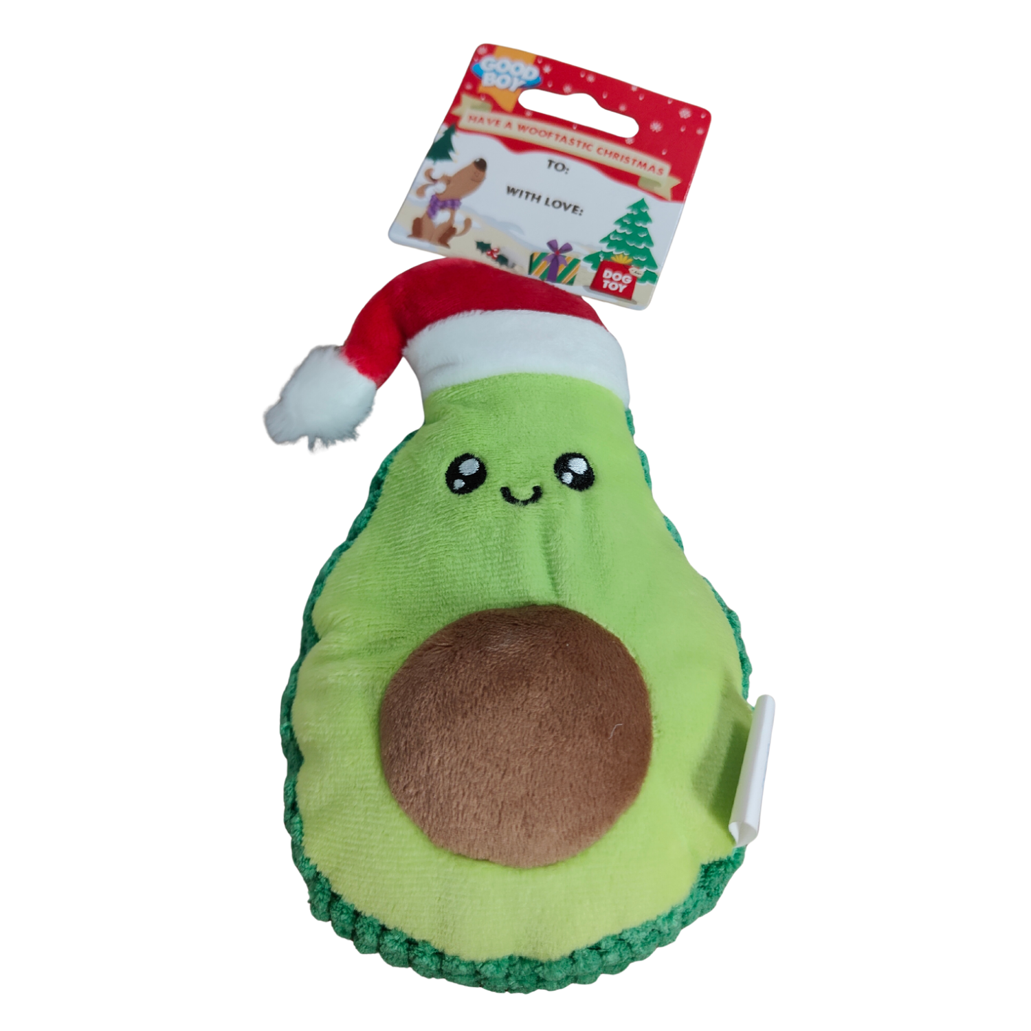Plush avocado dog toy with a Santa hat on a white background