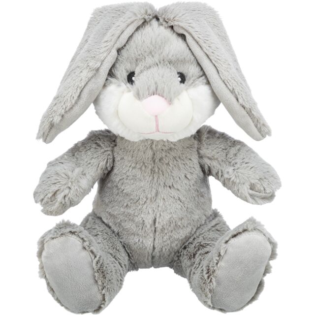 Plush dog toy rabbit with gray fur on a white background