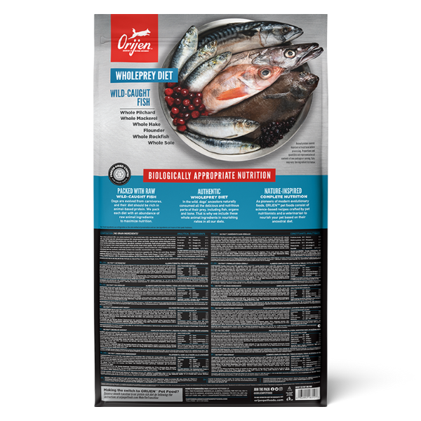Orijen pet food package with whole prey fish on a white background