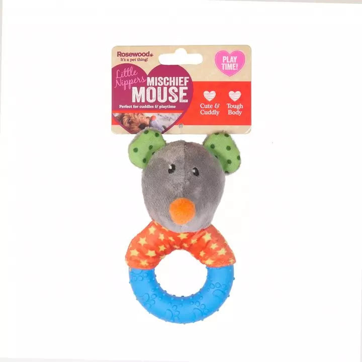 Puppy toy shaped like a mouse with a blue ring, on a white background