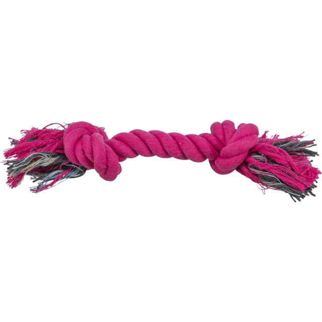 Pink dog rope toy with tassels on a white background