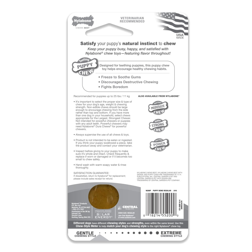 Nylabone puppy chew toy packaging with text and branding on a white background