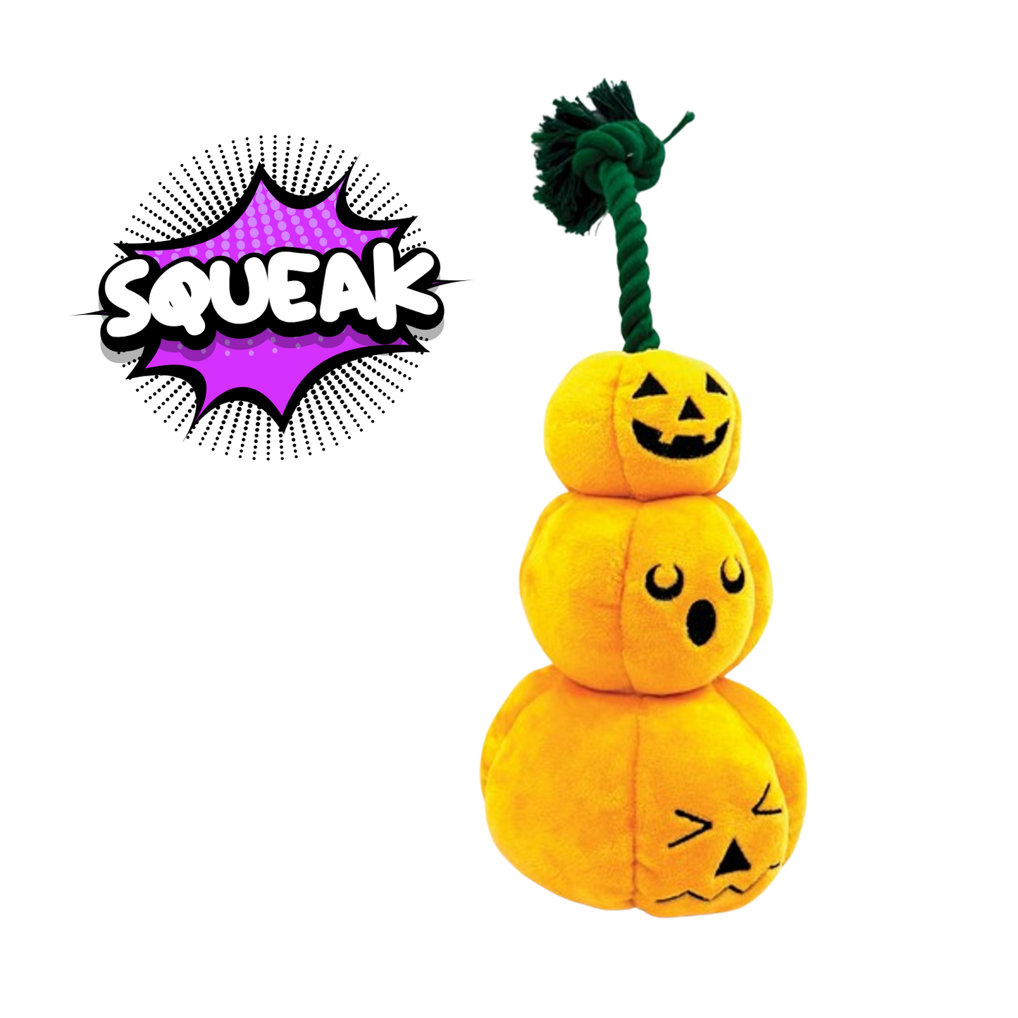 Stack of yellow plush pumpkin dog toys with a green stem on a white background, featuring the word 'SQUEAK'.