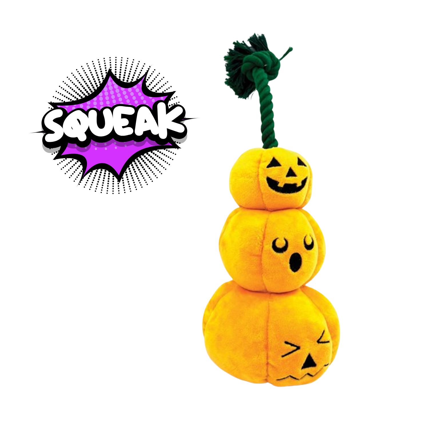 Stack of yellow plush pumpkin dog toys with a green stem on a white background, featuring the word 'SQUEAK'.
