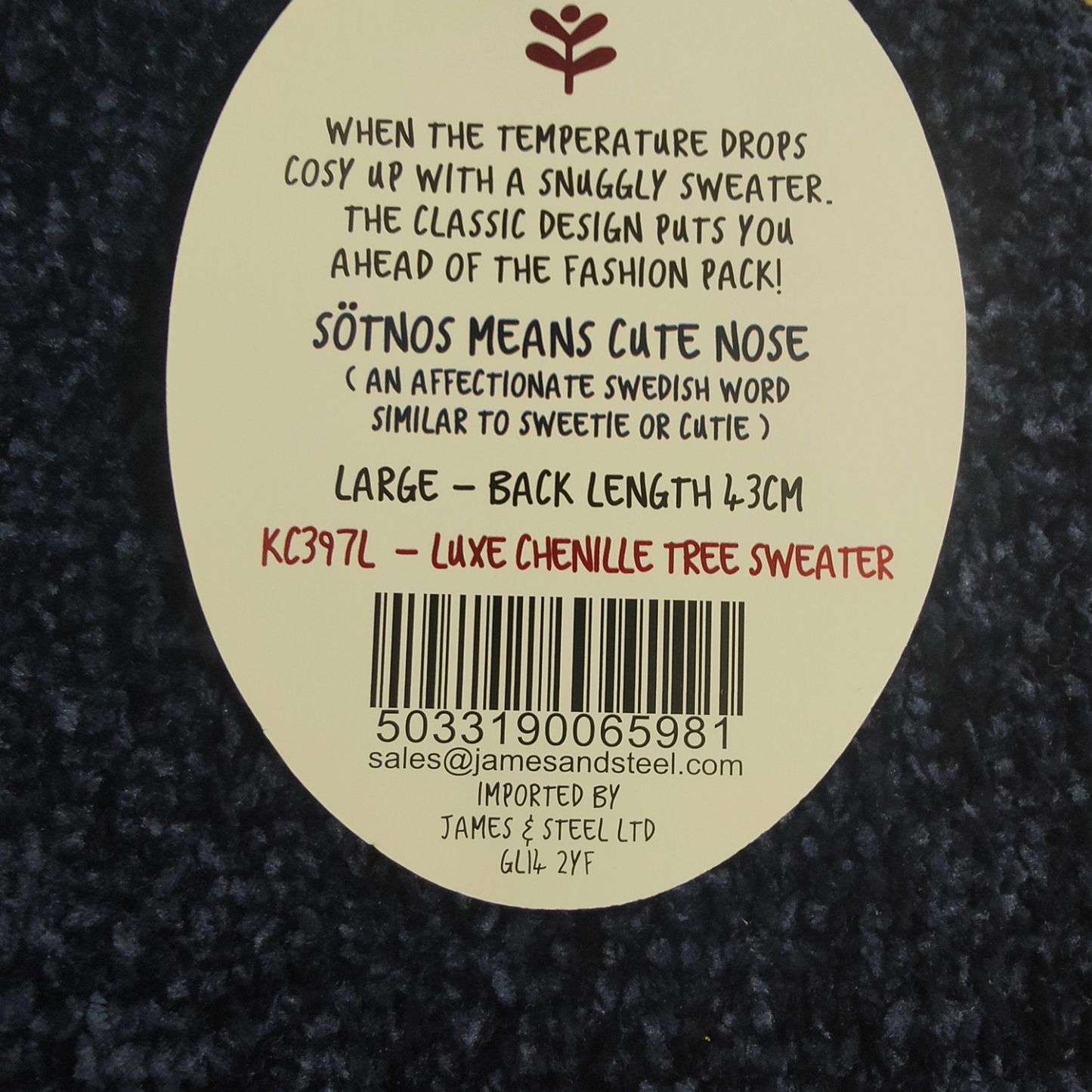 Label on a dark fabric background with text and a barcode