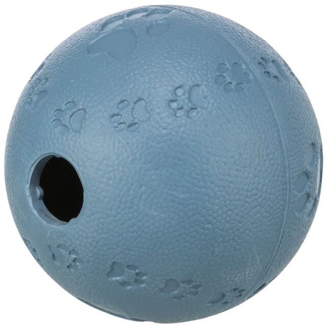 Blue rubber ball with paw prints and a central hole on a white background