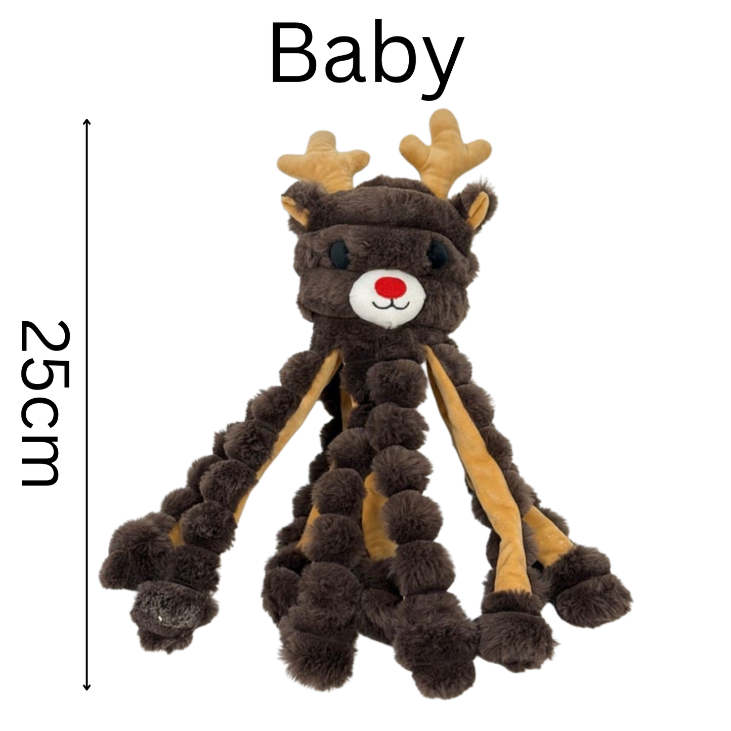 Plush reindeer dog toy with antlers and braided legs, labeled 'Baby' and '25cm'.