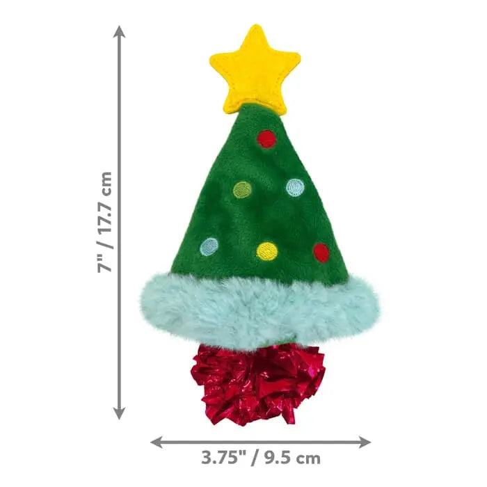 Green plush cat toy Christmas tree with a star on a white background, showing measurements.