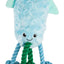 Blue plush dog toy with rope and knot on a white background