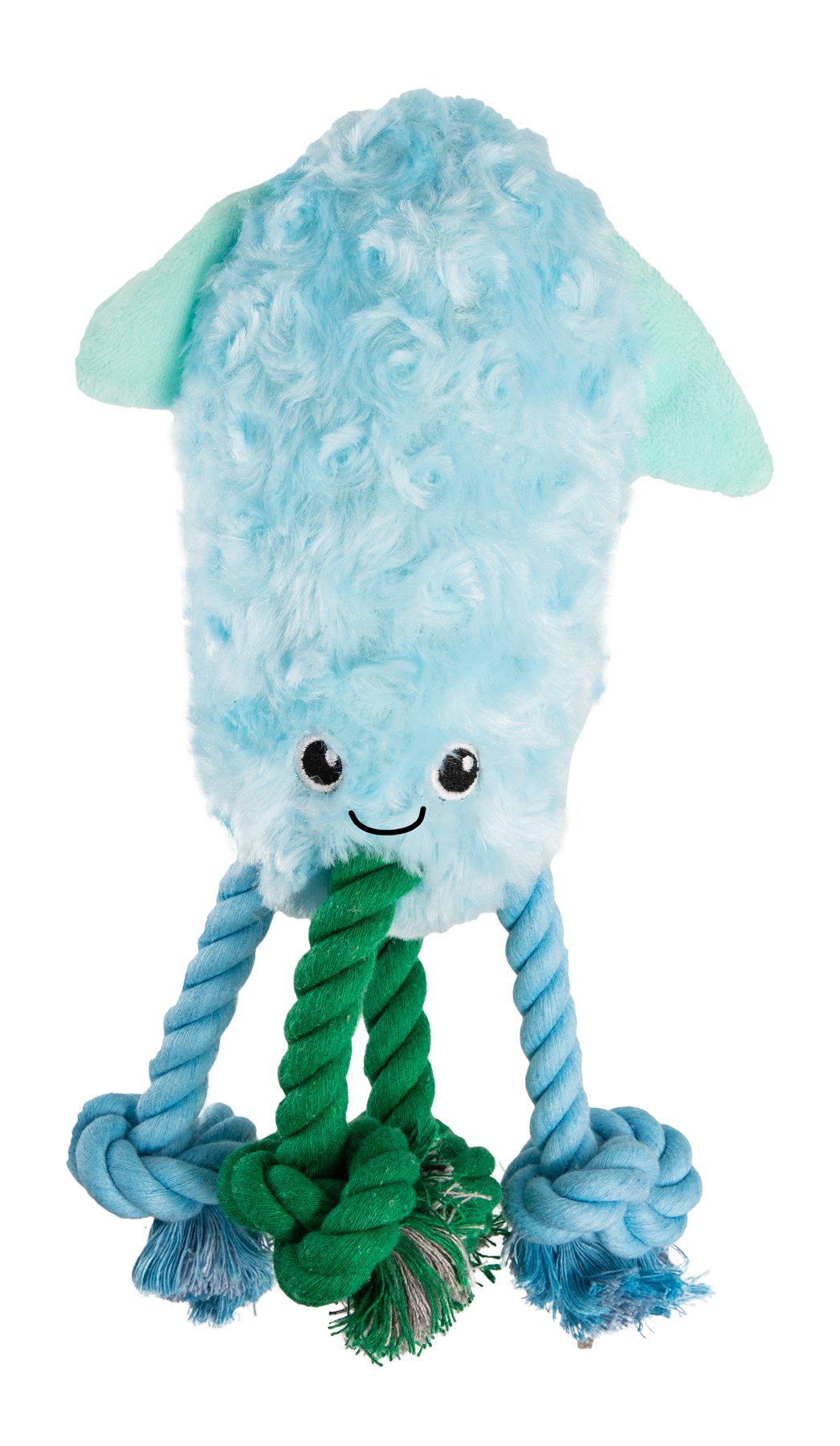 Blue plush dog toy with rope and knot on a white background