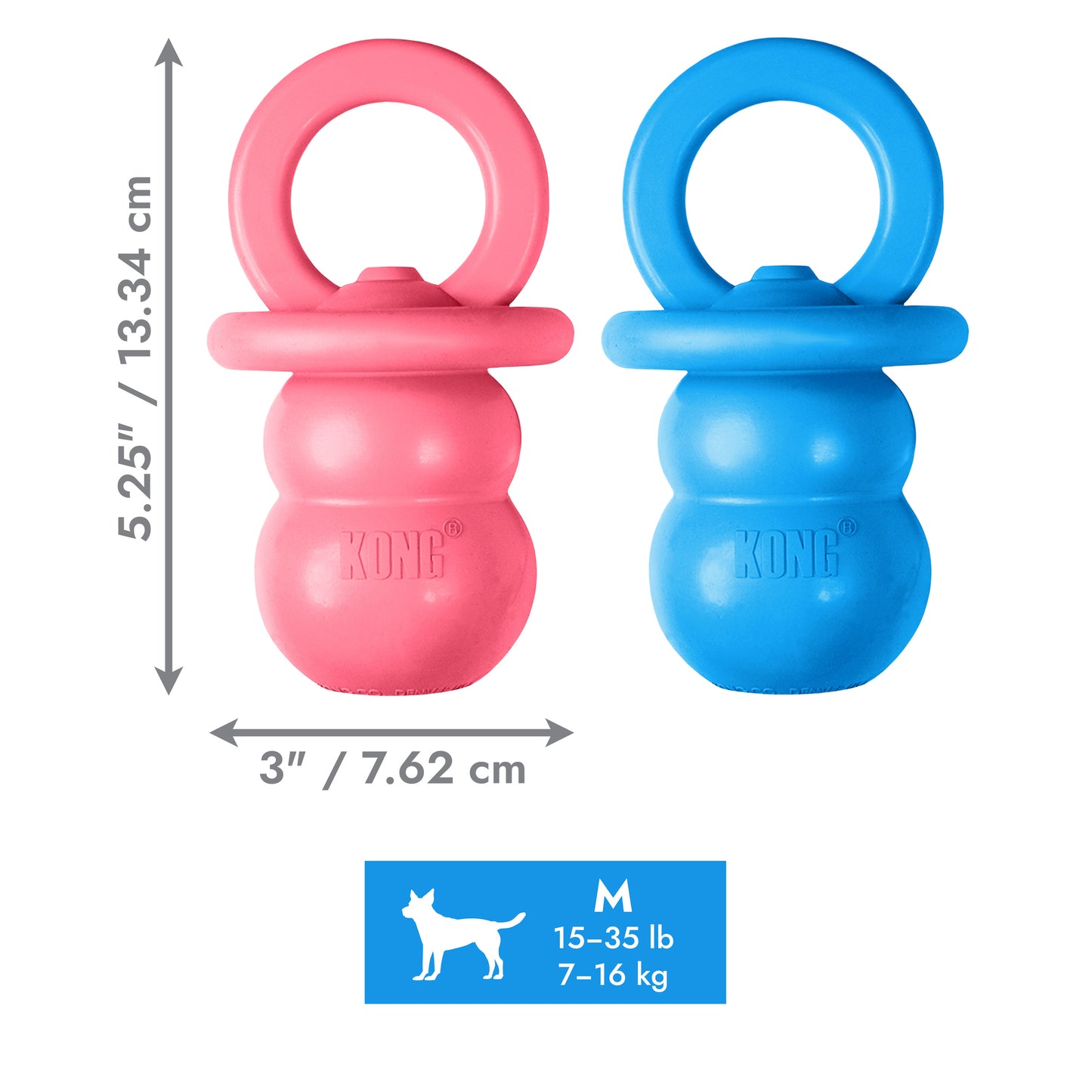 Two KONG dog toys, one pink and one blue, with measurements and size information on a white background.