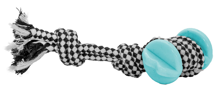Dog toy with checkered rope and blue ball on a white background