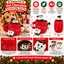 A festive Christmas-themed product collage for a Happy Pet 'Hot Chocolate' burrow and hide dog toy. The image features a golden retriever lying on a red holiday rug next to the plush red hot cocoa mug toy.