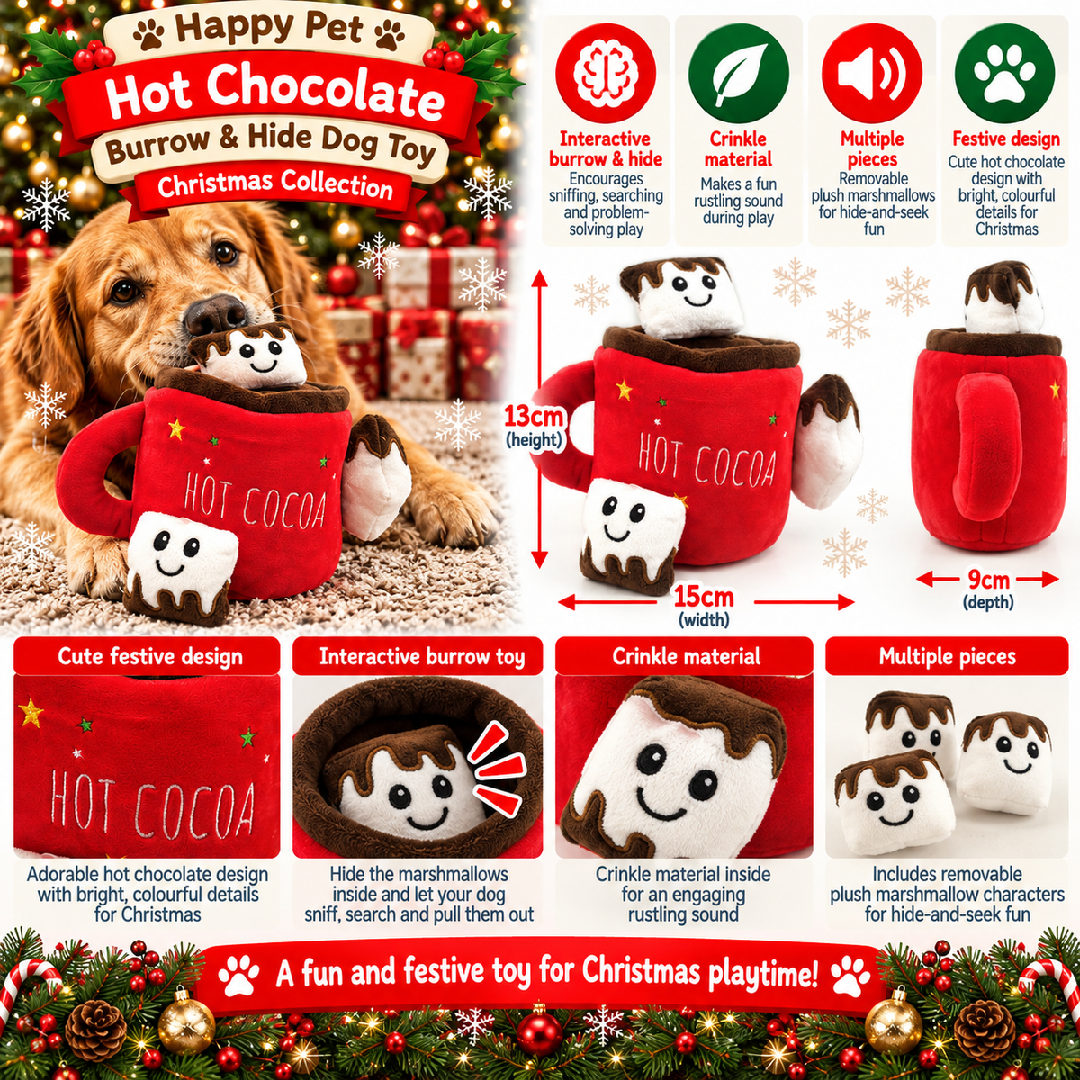 A festive Christmas-themed product collage for a Happy Pet 'Hot Chocolate' burrow and hide dog toy. The image features a golden retriever lying on a red holiday rug next to the plush red hot cocoa mug toy.