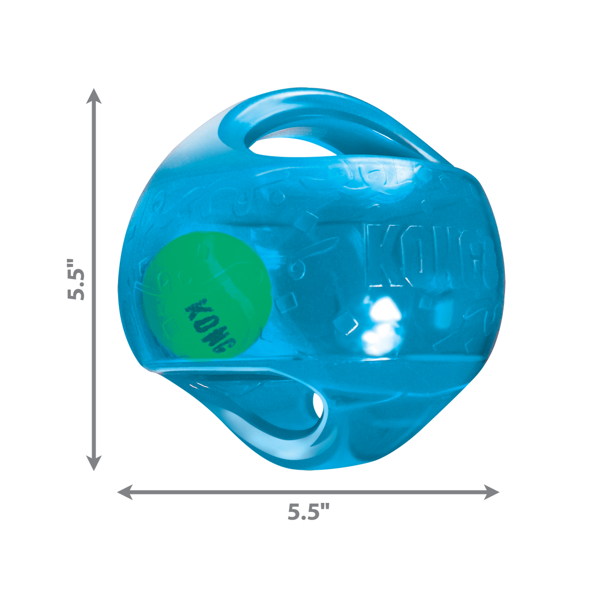 Blue KONG dog toy with dimensions on a white background