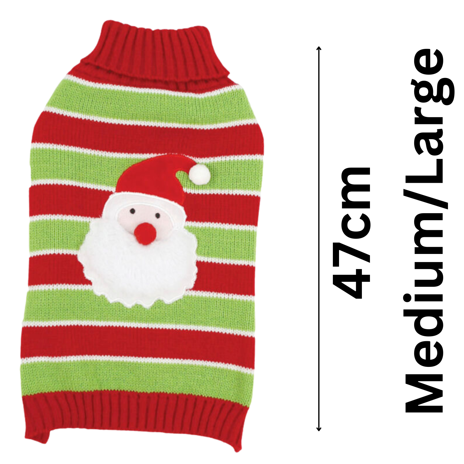 Red and green striped dog sweater with Santa Claus face design, size Medium/Large, on a white background.