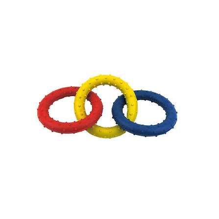 Three colorful rubber rings dog toys (red, yellow, blue) on a white background