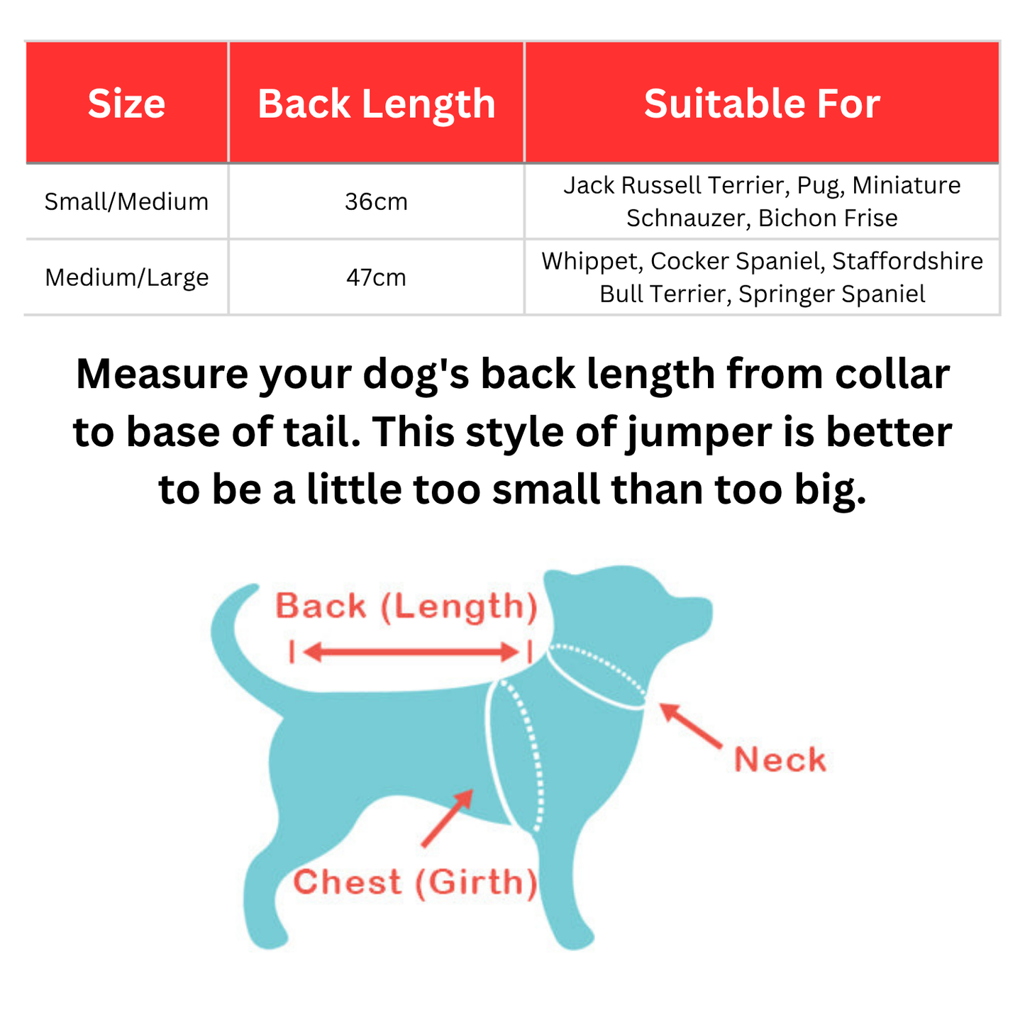 Dog size chart with measurements and suggested breeds for small, medium, and large sizes.