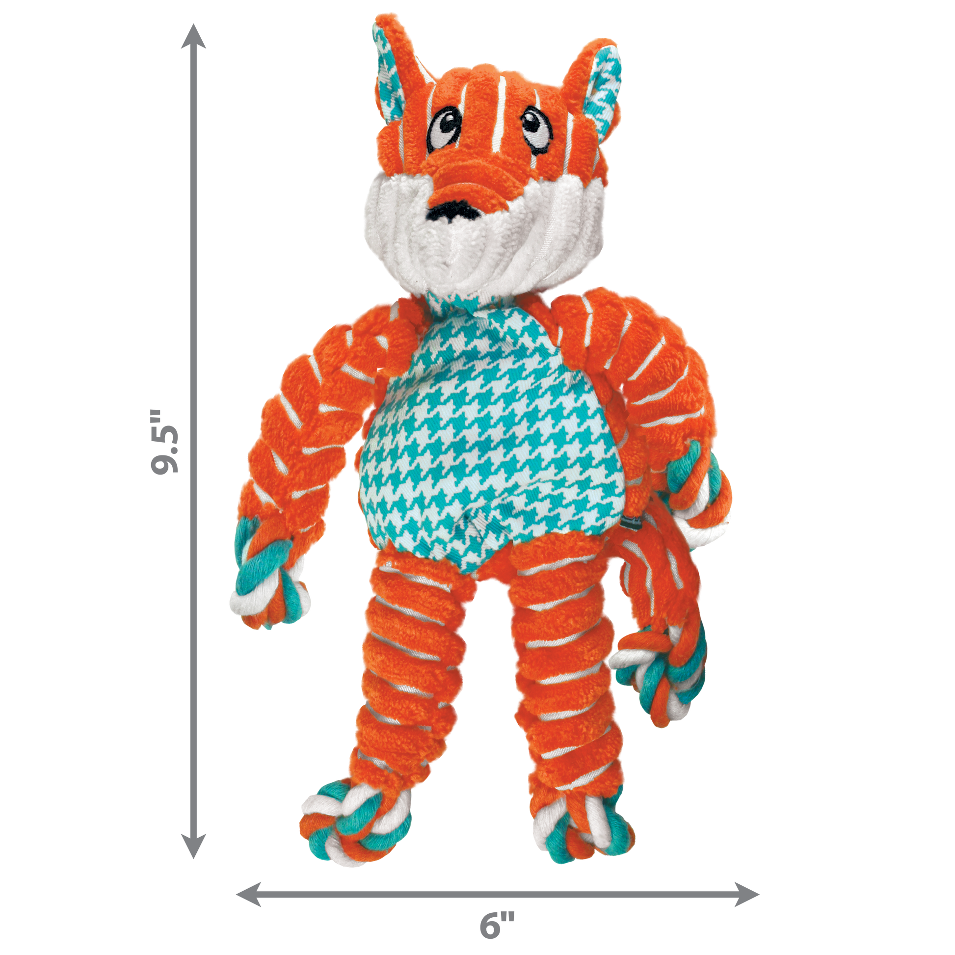Plush dog toy with dimensions indicated on a white background