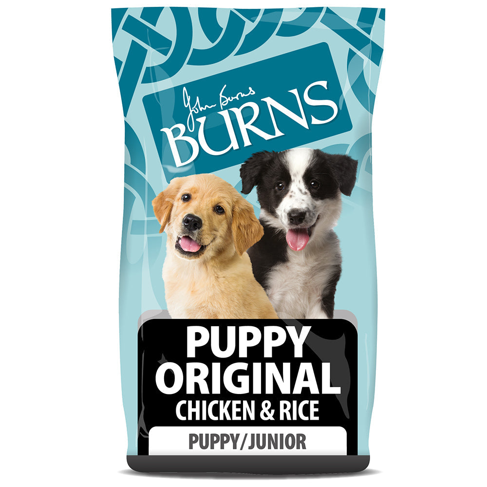 Bag of Burns Puppy Original Chicken & Rice dog food with two puppies on a blue patterned background