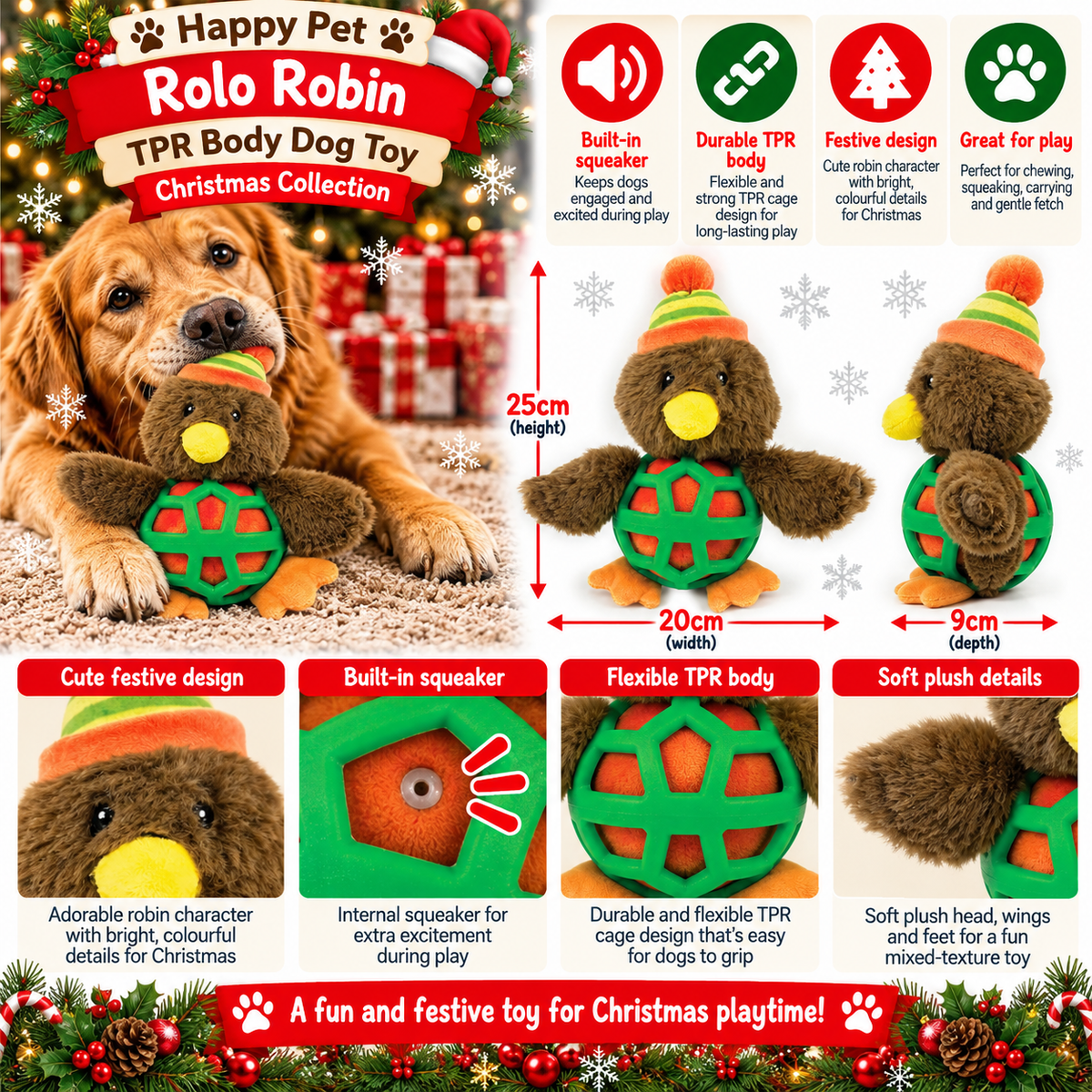 Rolo Robin TPR Body 🐦‍⬛ Dog Toy by Happy Pet