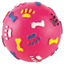 Pink dog toy ball with bone and paw print patterns on a white background