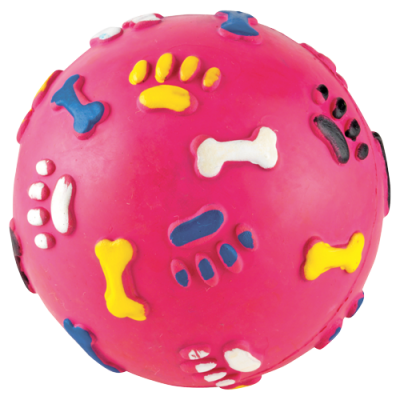 Pink dog toy ball with bone and paw print patterns on a white background
