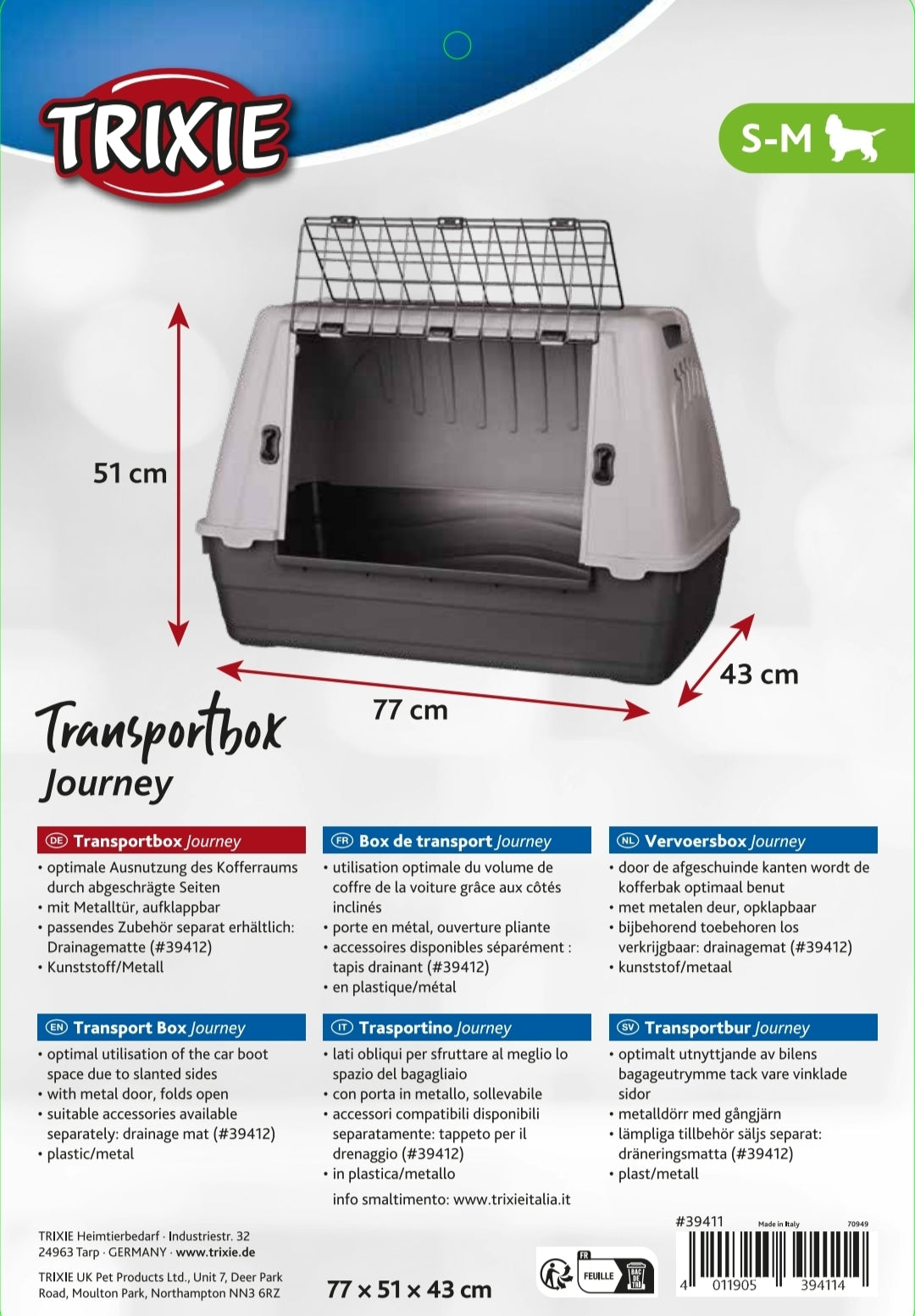 Trixie Journey | Dog Transport Travel Box | Angled Plastic Crate Cage for Safe Car Trips in Boot