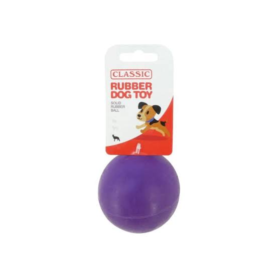 Purple rubber dog toy with a 'Classic Rubber Dog Toy' label on a white background