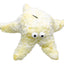 Yellow plush dog toy with googly eyes on a white background