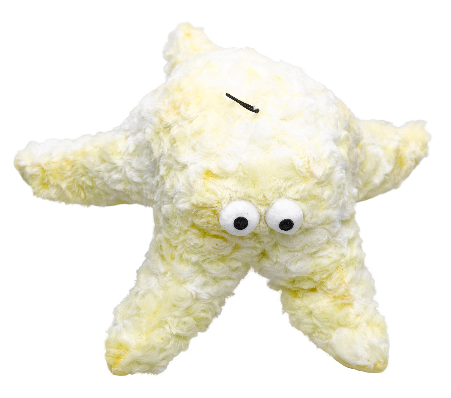 Yellow plush dog toy with googly eyes on a white background